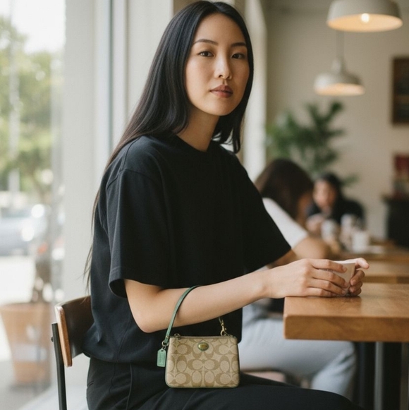 Coach Handbags - Vintage Coach Peyton Wristlet Wallet Small Beige Green Leather Logo w/ Tag